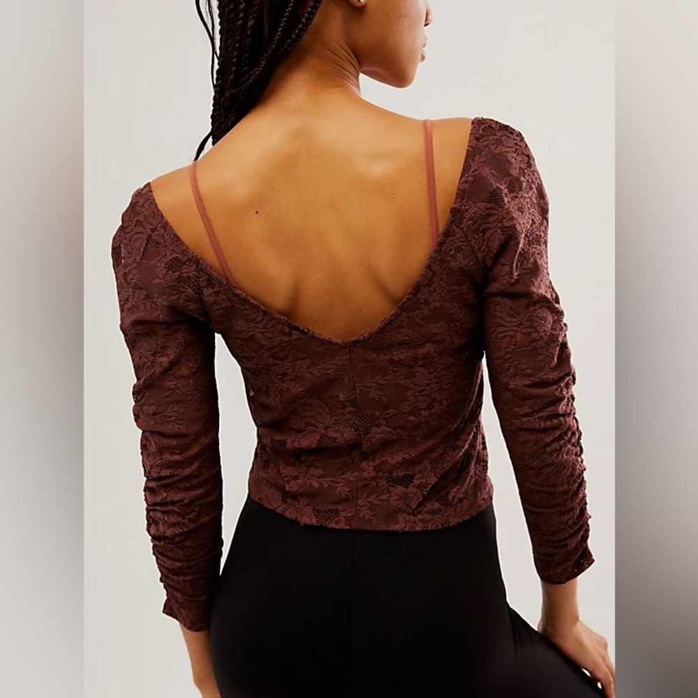 NWOT Free People Brown In Rotation Sheer Lace Layering Ruched Top Small - Picture 3 of 10